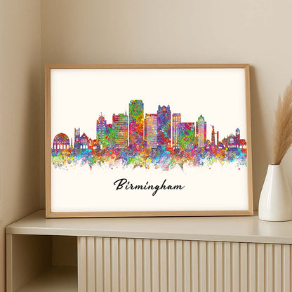 Birmingham Skyline Wall Art Print – Colourful Watercolour Cityscape Poster