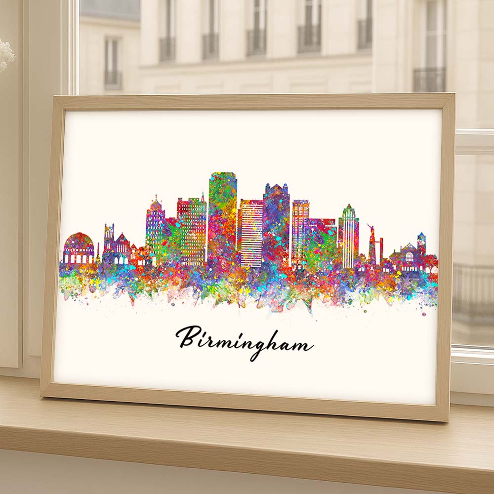 Birmingham Skyline Wall Art Print – Colourful Watercolour Cityscape Poster
