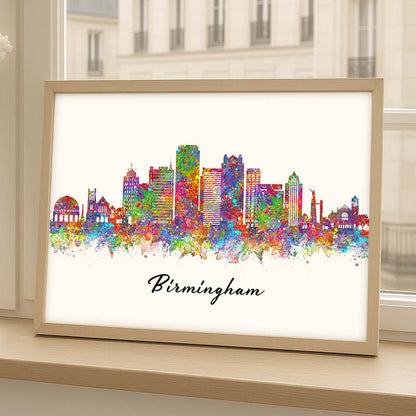 Birmingham Skyline Wall Art Print – Colourful Watercolour Cityscape Poster