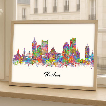 Boston Skyline Watercolor Wall Art Print – Colorful Boston Cityscape Home Decor