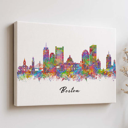 Boston Skyline Watercolor Wall Art Print – Colorful Boston Cityscape Home Decor