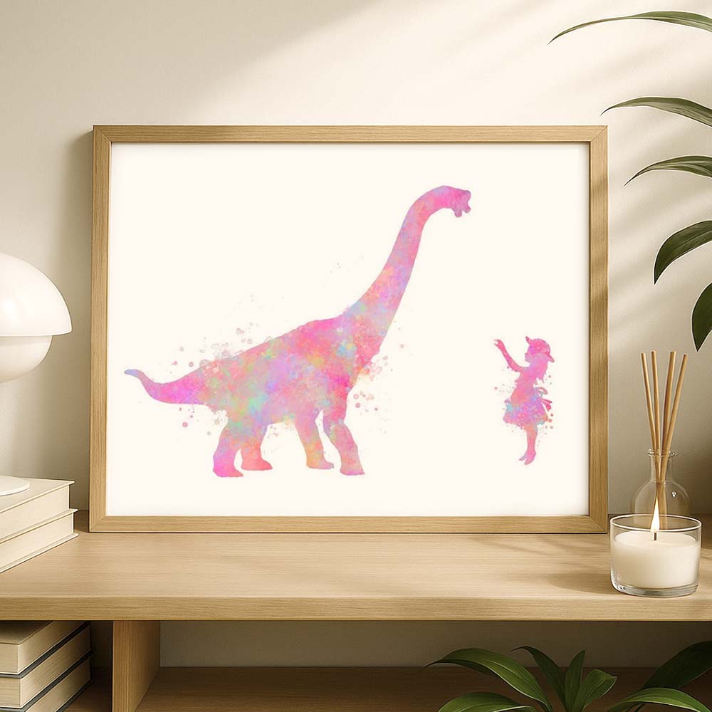 Personalised Brachiosaurus and Girl Watercolor Wall Art – Dinosaur Nursery Print for Kids Room