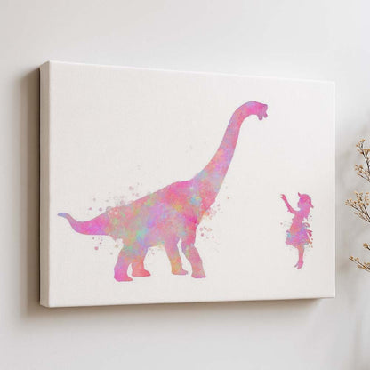 Personalised Brachiosaurus and Girl Watercolor Wall Art – Dinosaur Nursery Print for Kids Room
