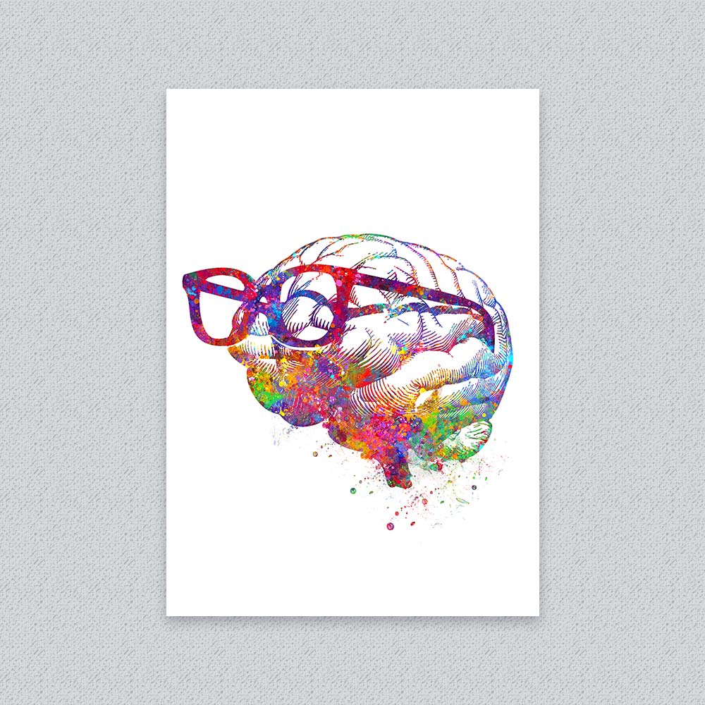 Colourful Brain with Glasses Art – Funny Nerd Wall Decor