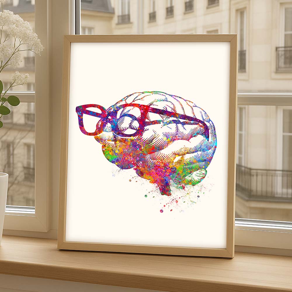 Colourful Brain with Glasses Art – Funny Nerd Wall Decor