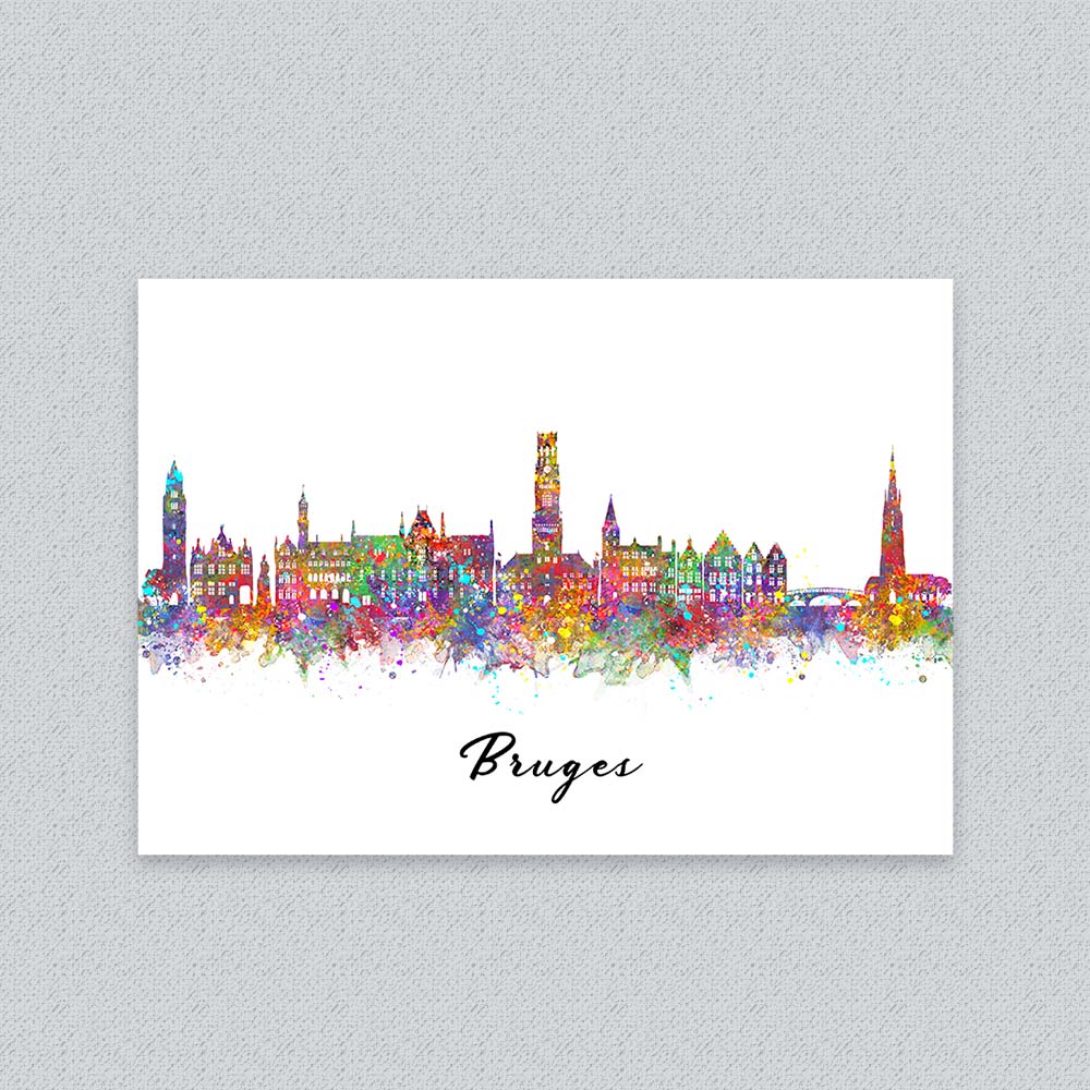 Bruges Skyline Watercolor Art Print – Colorful Belgium Wall Decor