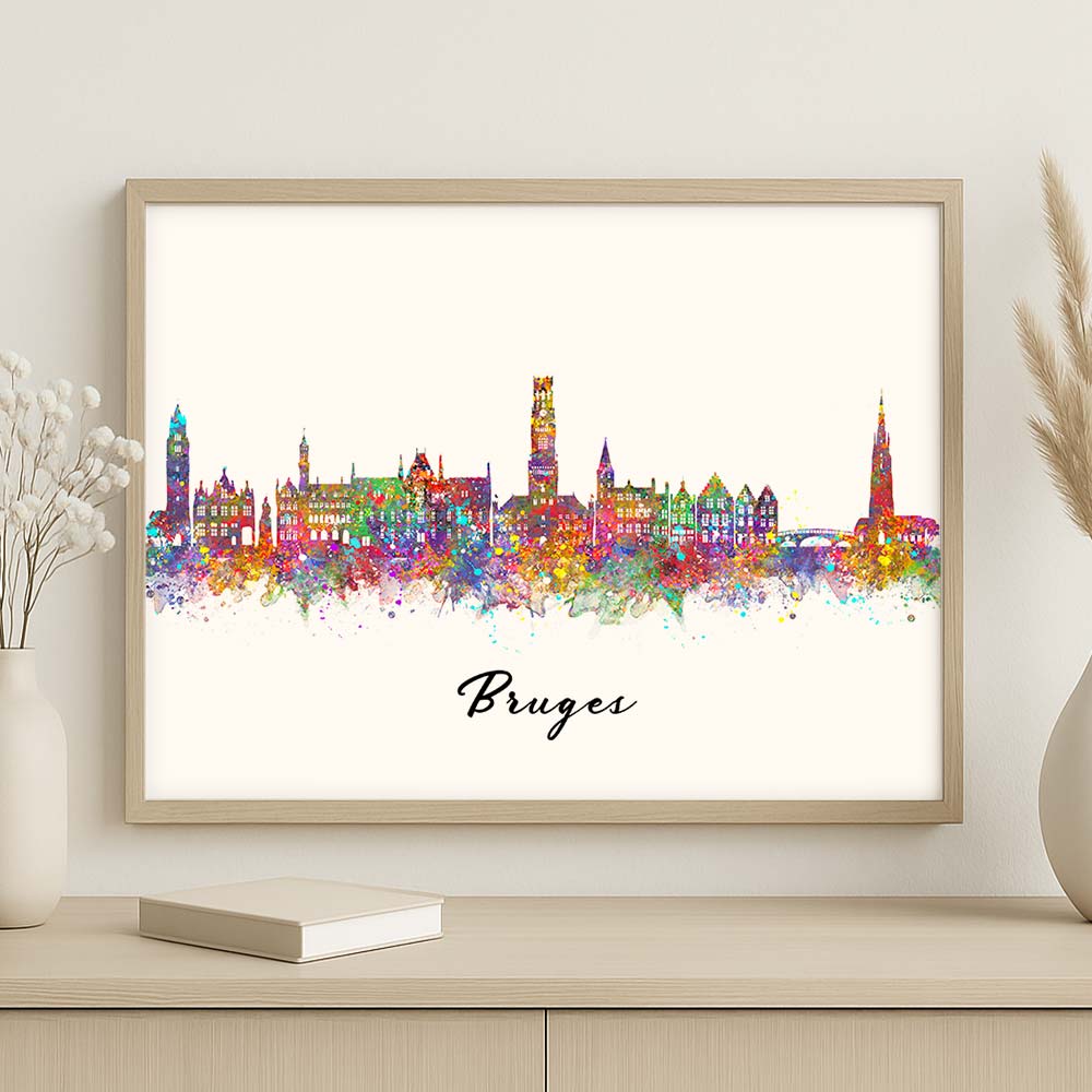 Bruges Skyline Watercolor Art Print – Colorful Belgium Wall Decor
