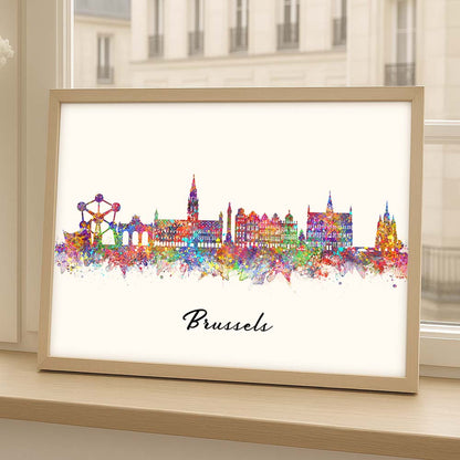 Brussels Skyline Watercolor Art Print – Vibrant Belgium Wall Decor