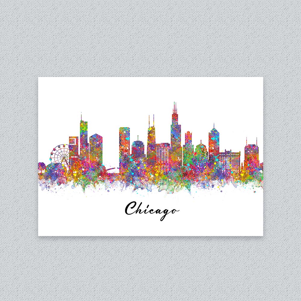 Chicago Skyline Watercolor Wall Art Print – Colorful Cityscape Poster