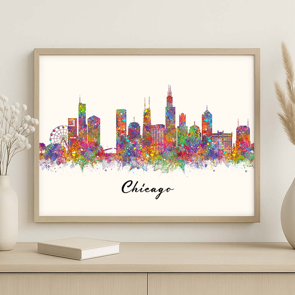 Chicago Skyline Watercolor Wall Art Print – Colorful Cityscape Poster