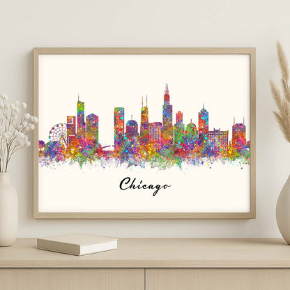 Chicago Skyline Watercolor Wall Art Print – Colorful Cityscape Poster