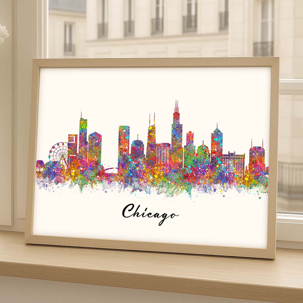 Chicago Skyline Watercolor Wall Art Print – Colorful Cityscape Poster