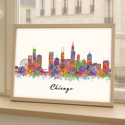 Chicago Skyline Watercolor Wall Art Print – Colorful Cityscape Poster
