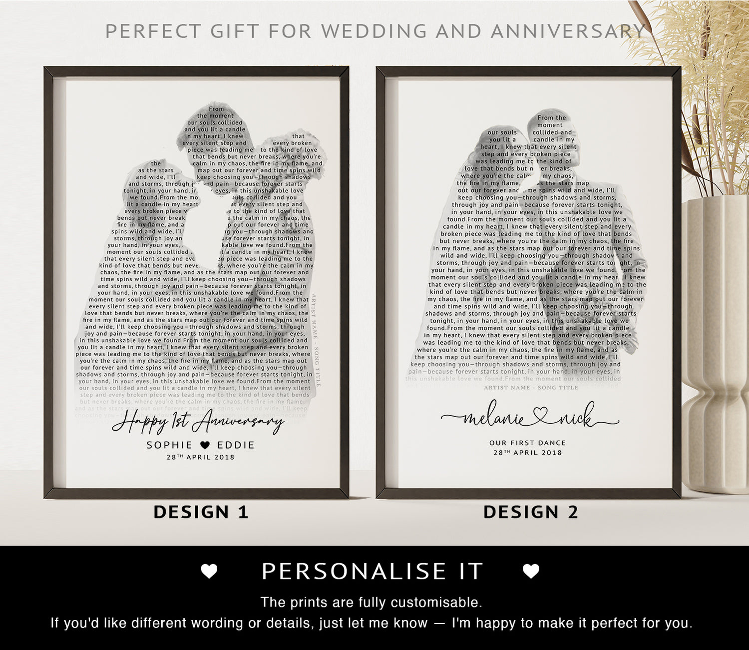 Personalised Song Lyrics Silhouette Print – First Dance Anniversary Gift for Couple
