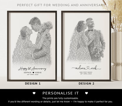 Personalised Song Lyrics Silhouette Print – First Dance Anniversary Gift for Couple