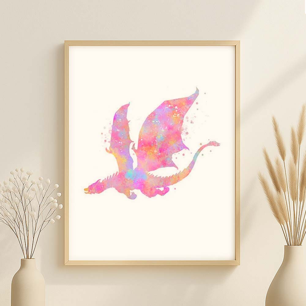Pink Watercolour Dragon Wall Art – Fantasy Nursery &amp; Kids Room Decor