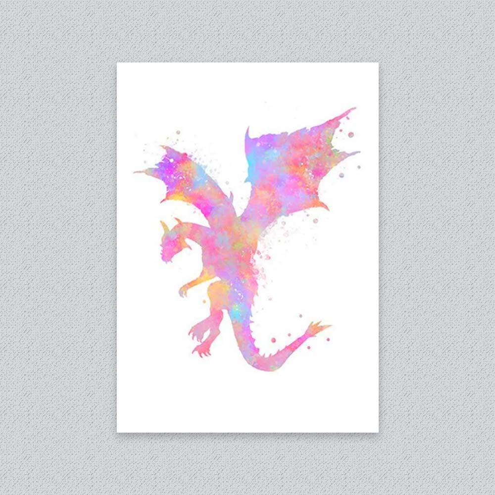 Pink Dragon Watercolour Wall Art – Fantasy Print for Girls Room or Nursery