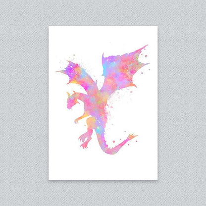 Pink Dragon Watercolour Wall Art – Fantasy Print for Girls Room or Nursery