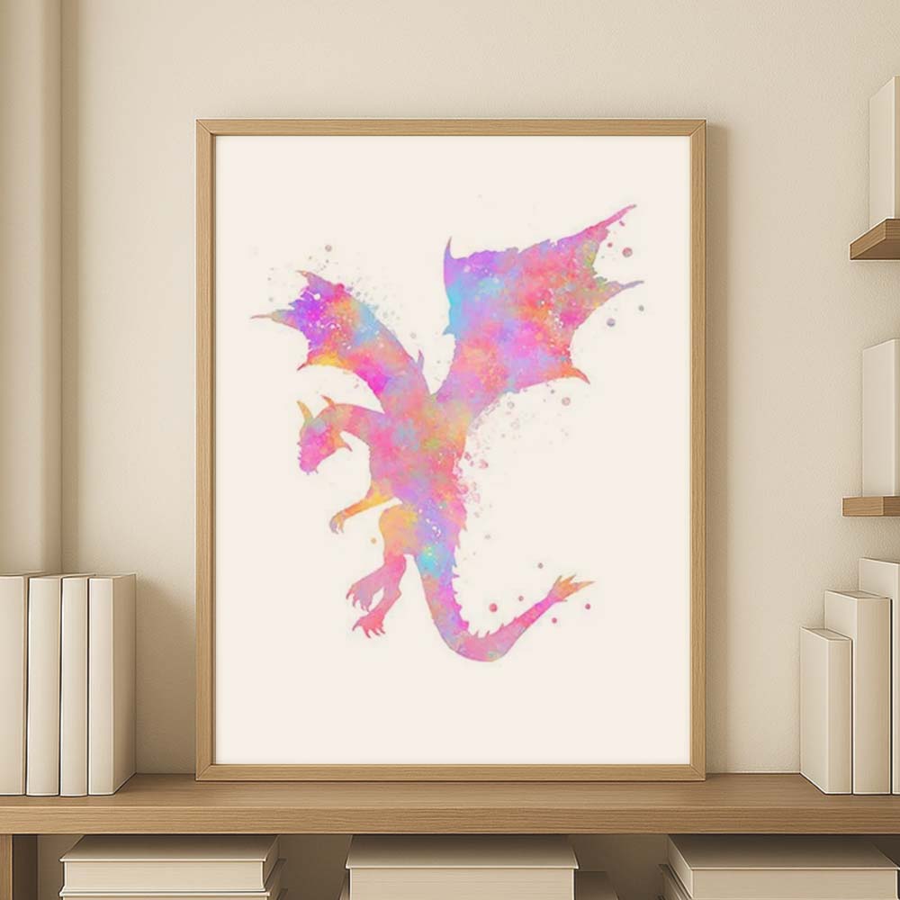 Pink Dragon Watercolour Wall Art – Fantasy Print for Girls Room or Nursery