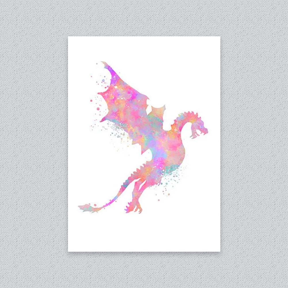 Pink Dragon Watercolour Wall Art – Fantasy Print for Girls