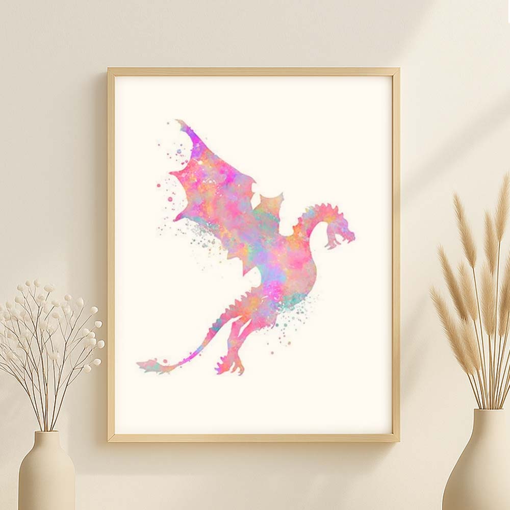 Pink Dragon Watercolour Wall Art – Fantasy Print for Girls