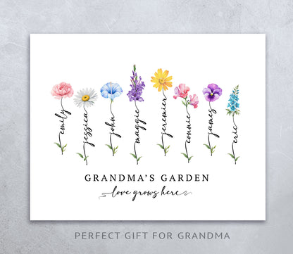 Personalised Birth Flower Print for Mum or Grandma | Custom Family Names Art
