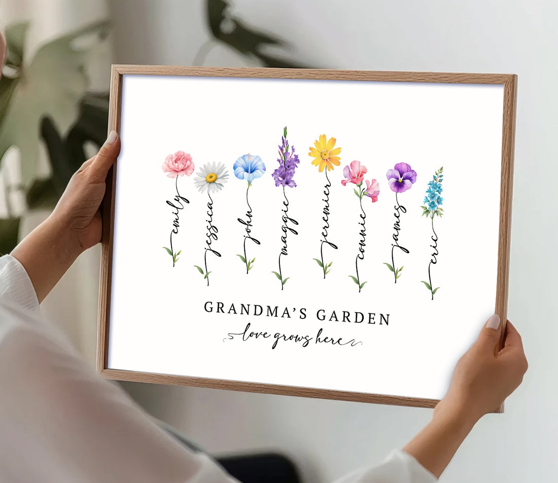 Personalised Birth Flower Print for Mum or Grandma | Custom Family Names Art
