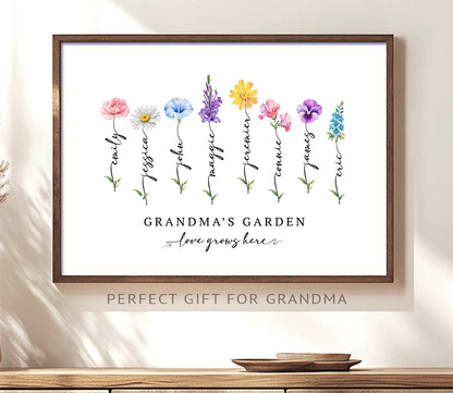 Personalised Birth Flower Print for Mum or Grandma | Custom Family Names Art