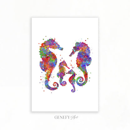 Seahorse Family of 4 Watercolour Print