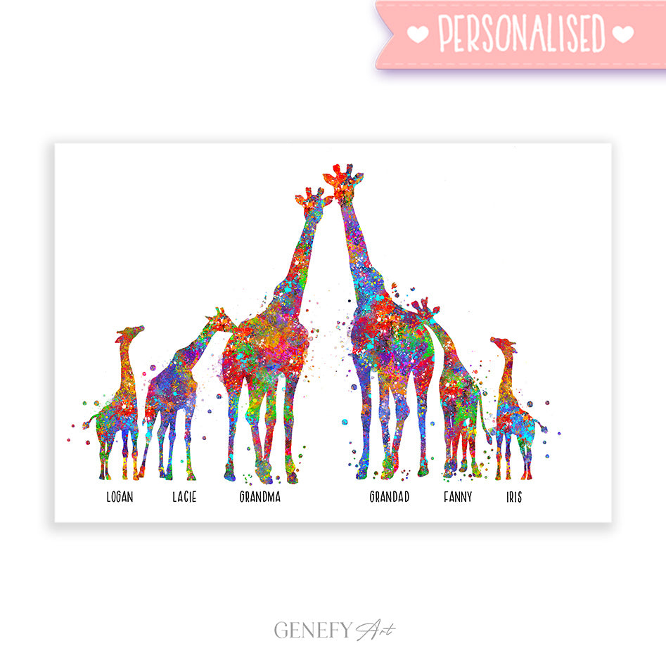 Personalised Giraffe Family of 6 Watercolour Art