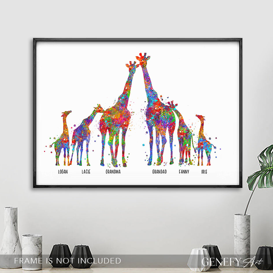 Personalised Giraffe Family of 6 Watercolour Art