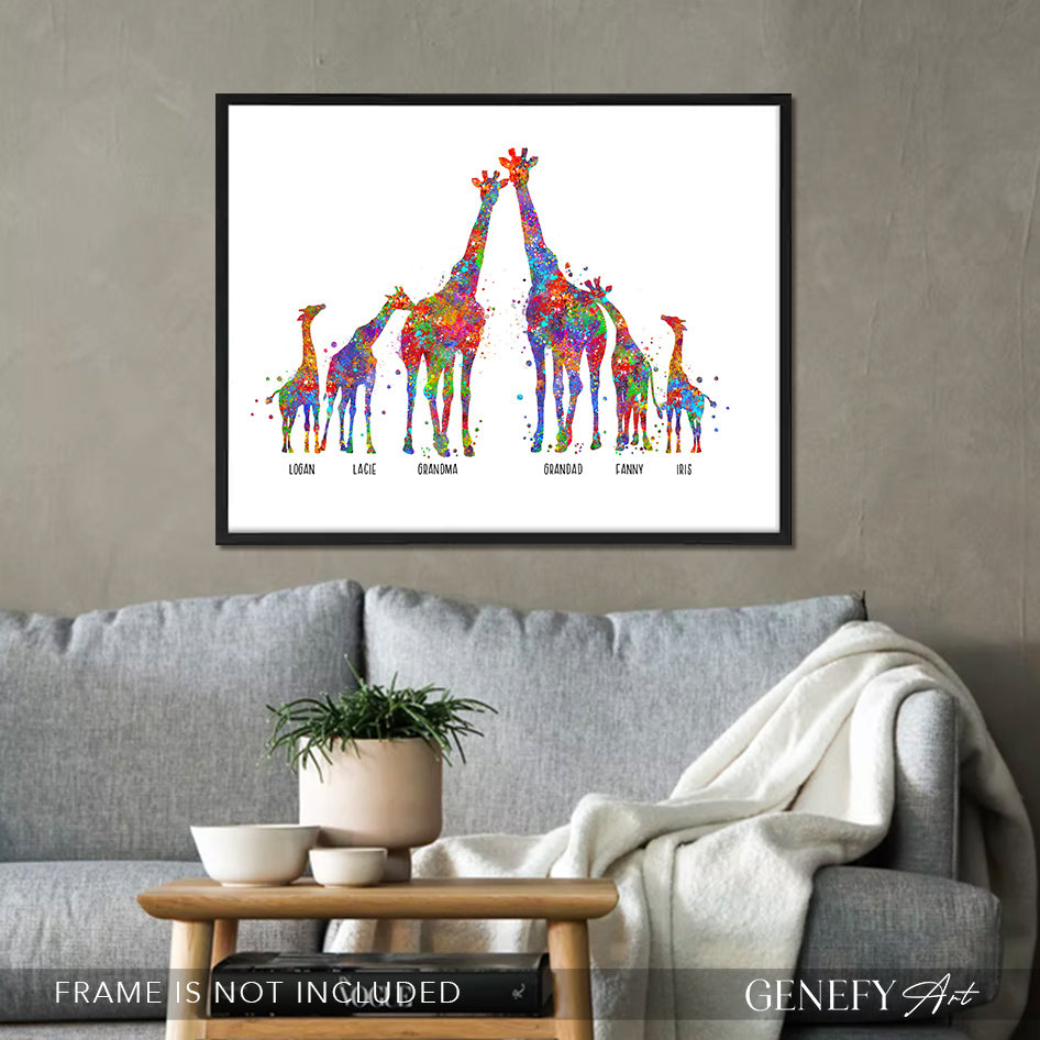 Personalised Giraffe Family of 6 Watercolour Art