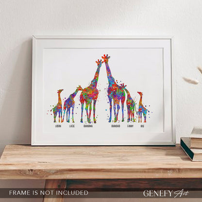 Personalised Giraffe Family of 6 Watercolour Art