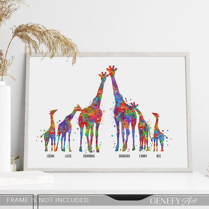 Personalised Giraffe Family of 6 Watercolour Art