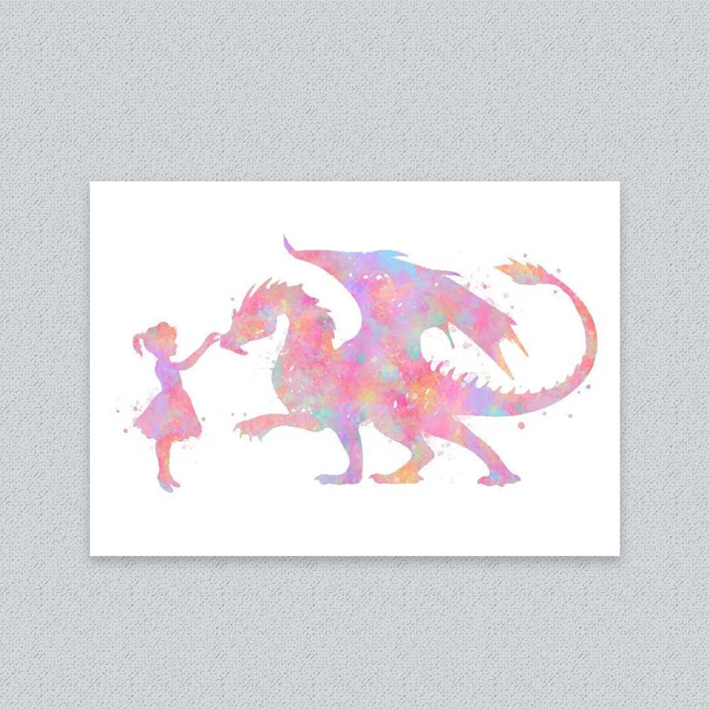 Girl and Dragon Watercolour Print – Fantasy Pastel Wall Art for Kids