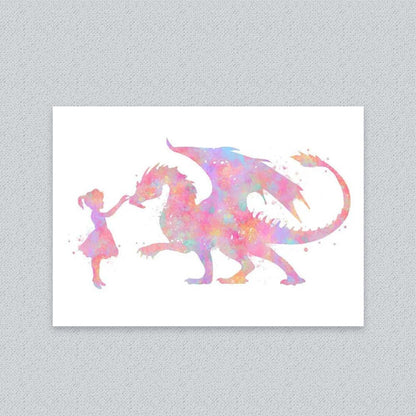 Girl and Dragon Watercolour Print – Fantasy Pastel Wall Art for Kids