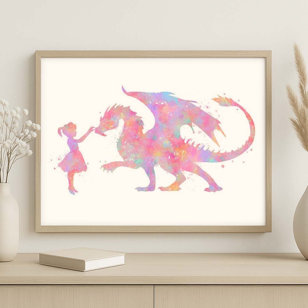 Girl and Dragon Watercolour Print – Fantasy Pastel Wall Art for Kids