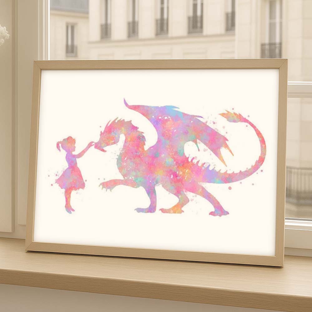 Girl and Dragon Watercolour Print – Fantasy Pastel Wall Art for Kids
