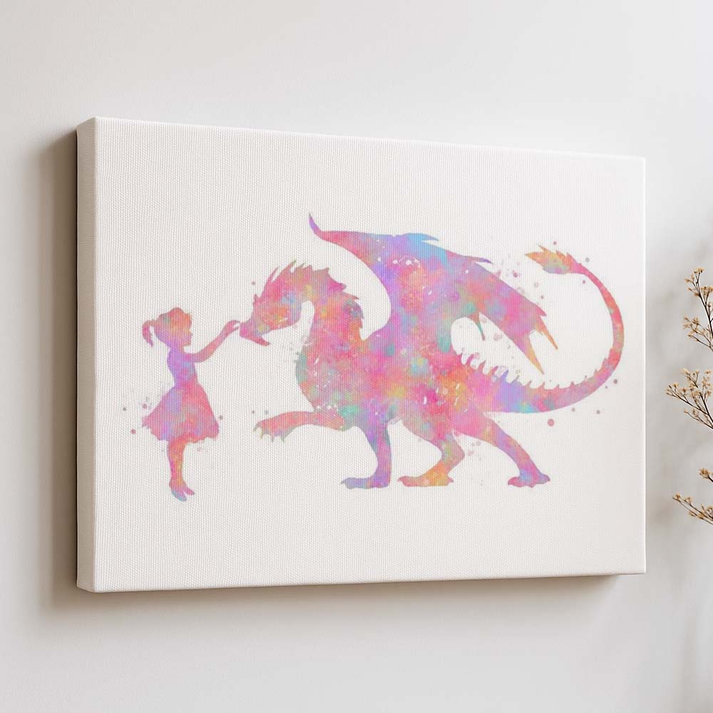 Girl and Dragon Watercolour Print – Fantasy Pastel Wall Art for Kids