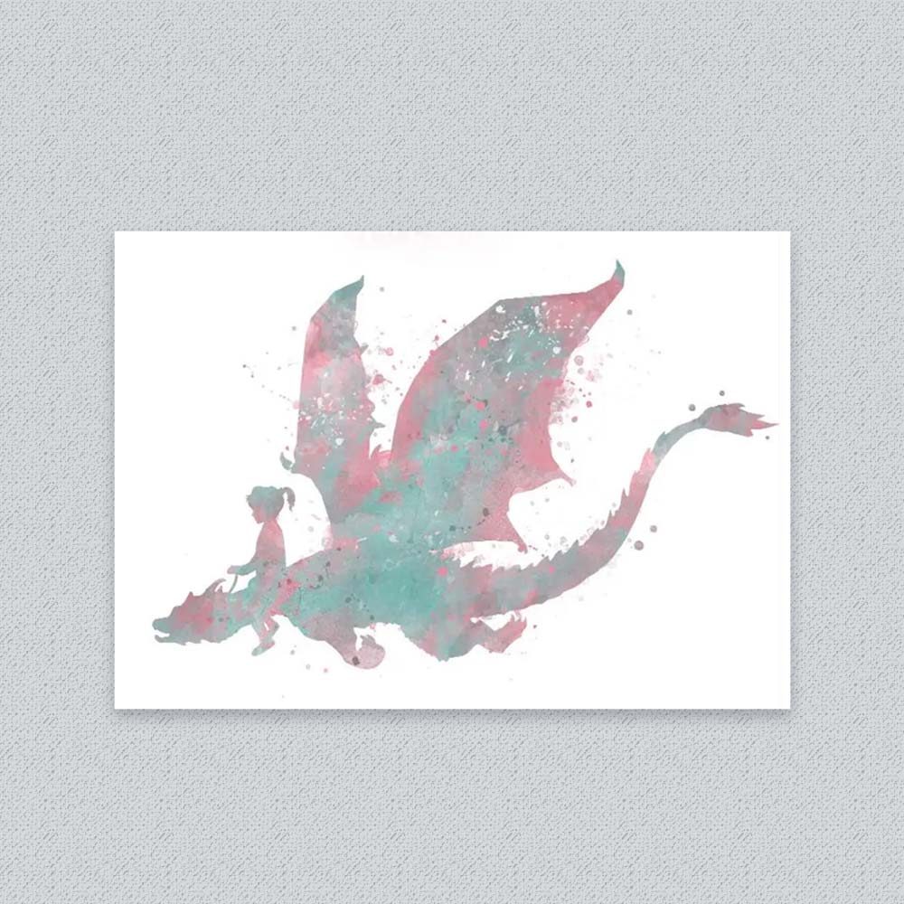 Girl Riding Dragon Watercolour Print – Fantasy Wall Art for Kids&