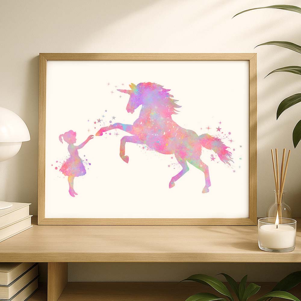 Girl and Unicorn Watercolour Print – Pastel Fantasy Wall Art for Kids