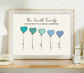 Personalized heart balloon family print with four custom names and quote in a wooden frame