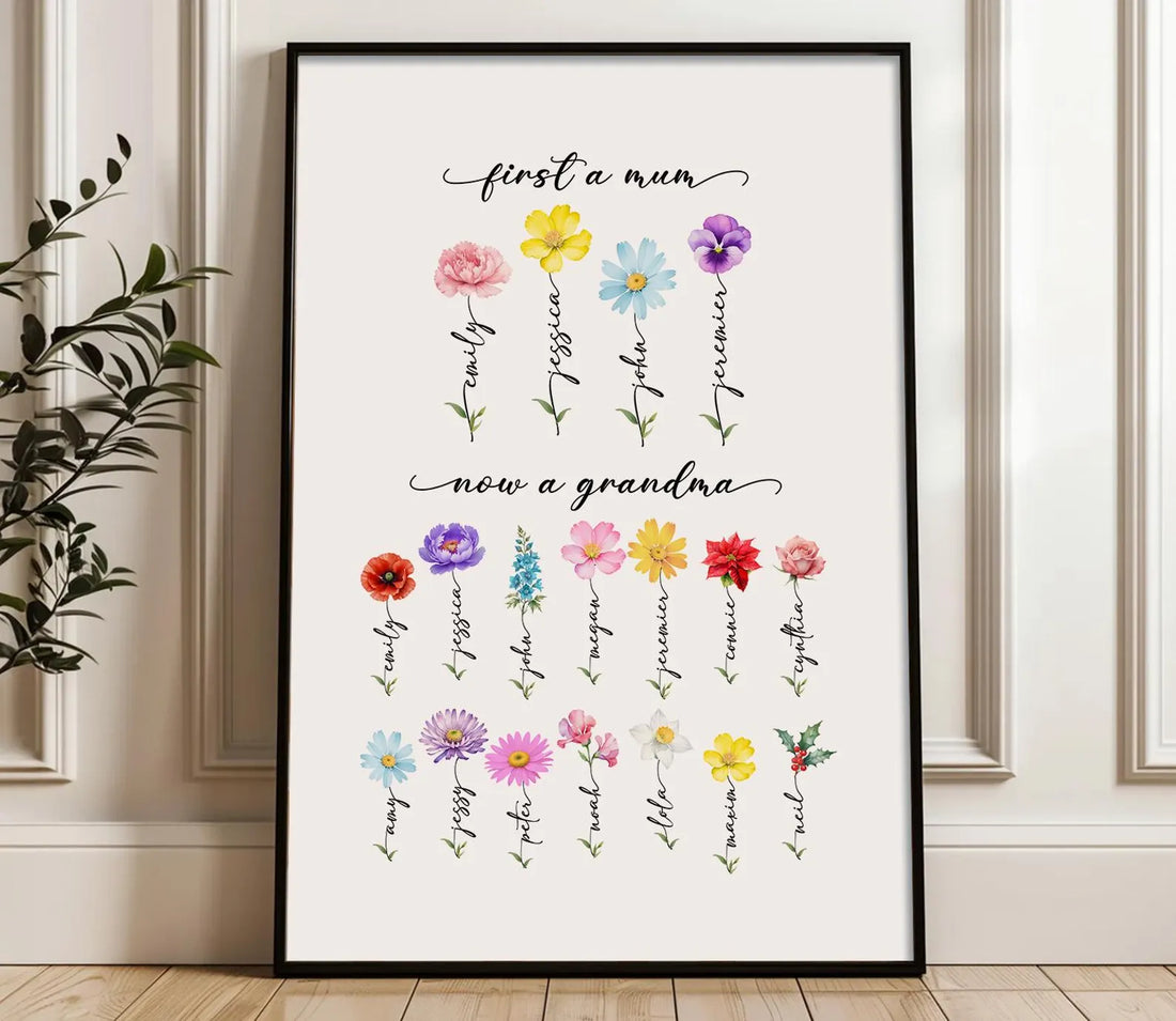 Personalised Birth Flower Print for Mum or Grandma | Custom Family Names Art