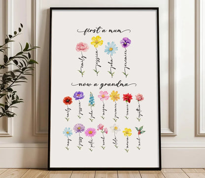 Personalised Birth Flower Print for Mum or Grandma | Custom Family Names Art