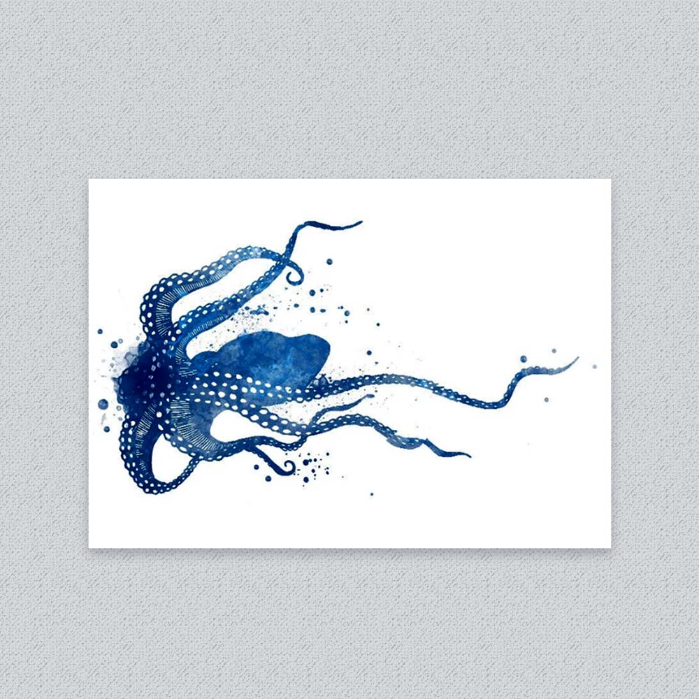 Navy Blue Octopus Watercolour Print – Coastal Wall Art for Ocean Lovers