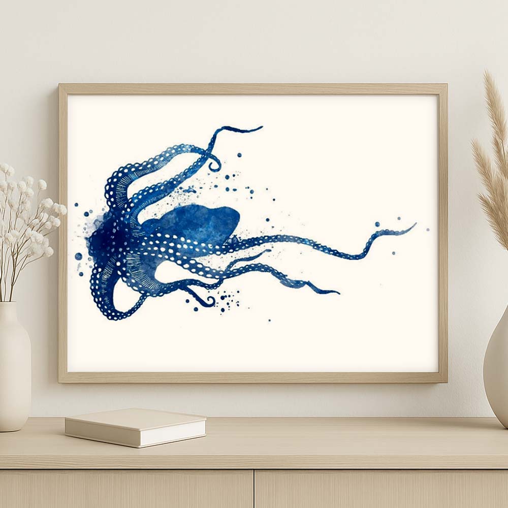 Navy Blue Octopus Watercolour Print – Coastal Wall Art for Ocean Lovers