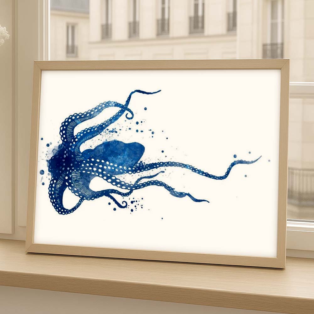 Navy Blue Octopus Watercolour Print – Coastal Wall Art for Ocean Lovers