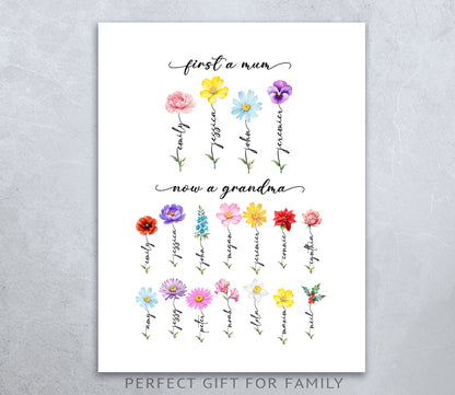 Personalised Birth Flower Print for Mum or Grandma | Custom Family Names Art