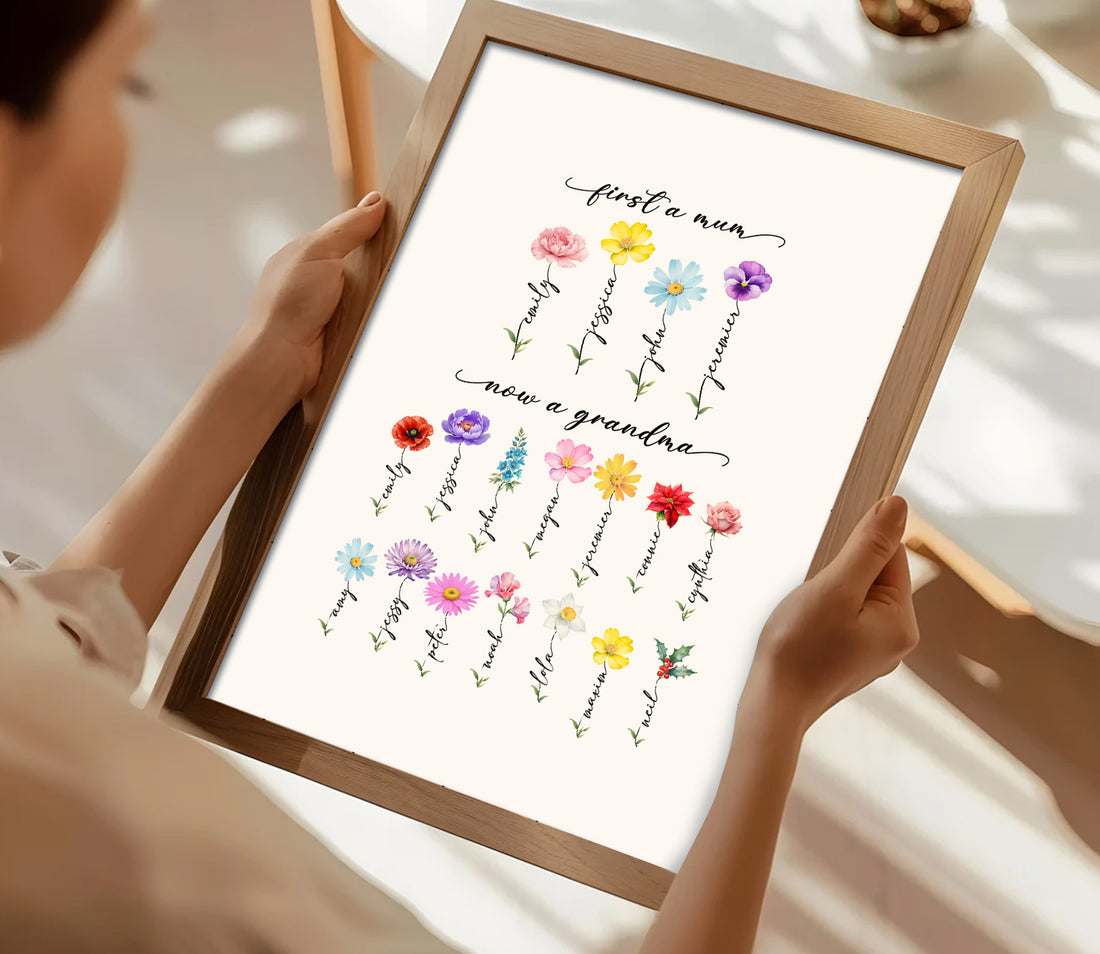 Personalised Birth Flower Print for Mum or Grandma | Custom Family Names Art