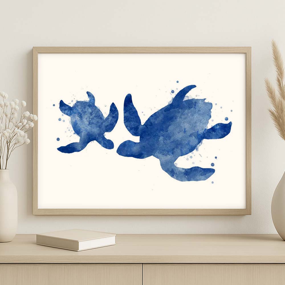 Navy Blue Sea Turtle Watercolour Print – Ocean Family Wall Art